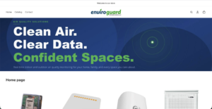 EnviroGuard store homepage banner reading Clean Air, Clear Data, Confident Spaces above a row of indoor air quality monitors