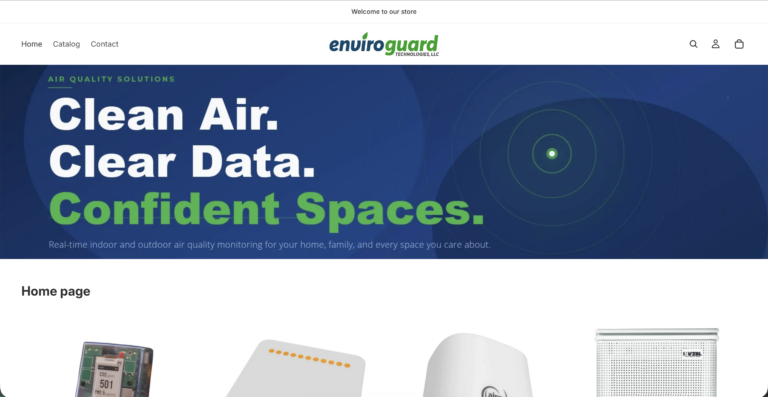 EnviroGuard store homepage banner reading Clean Air, Clear Data, Confident Spaces above a row of indoor air quality monitors