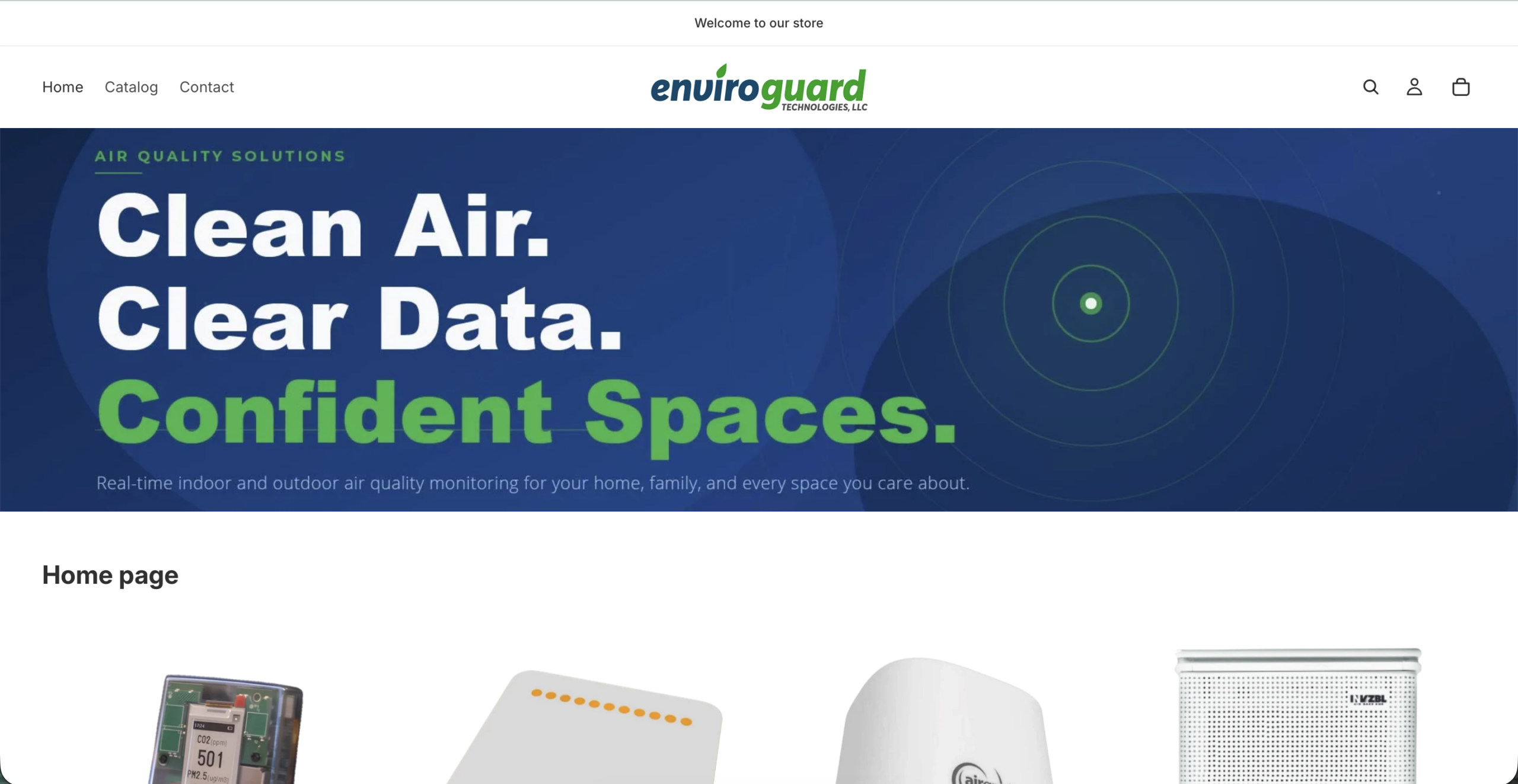 EnviroGuard store homepage banner reading Clean Air, Clear Data, Confident Spaces above a row of indoor air quality monitors