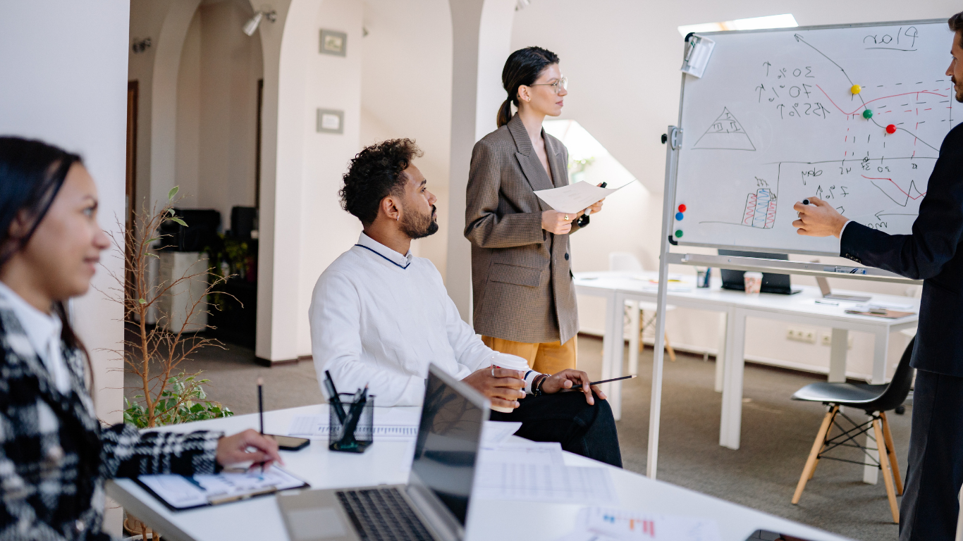 Team meeting in a bright office in front of a whiteboard