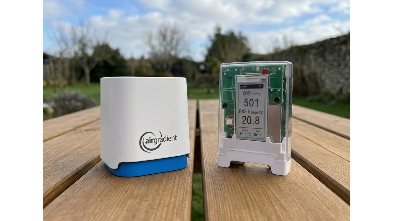 AirGradient Open Air and AirGradient Go on an outdoor picnic table